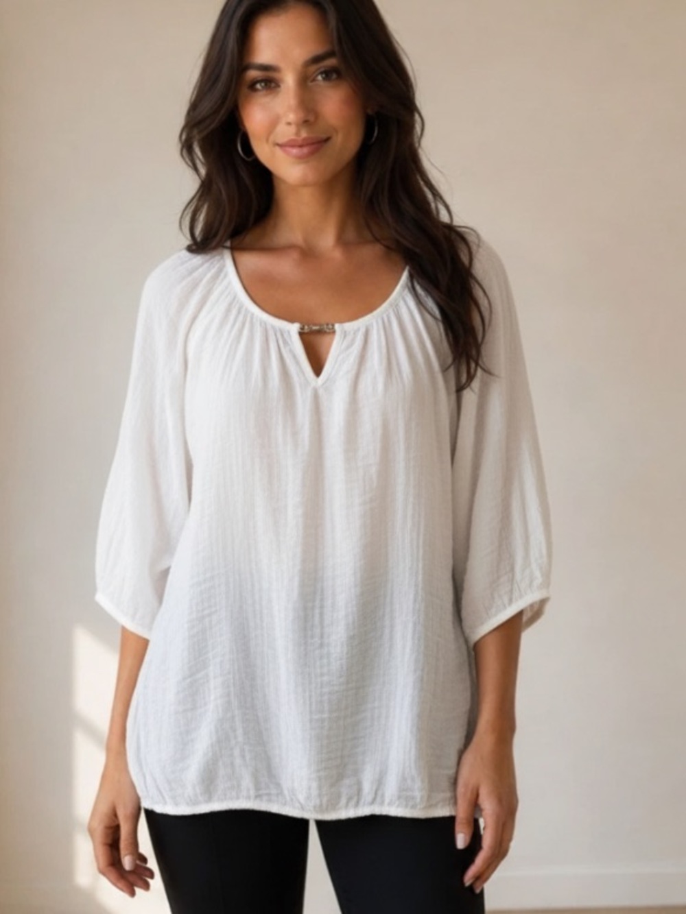 Northern Reflections White Split-Neck Relaxed Gauze Blouse - Women XL